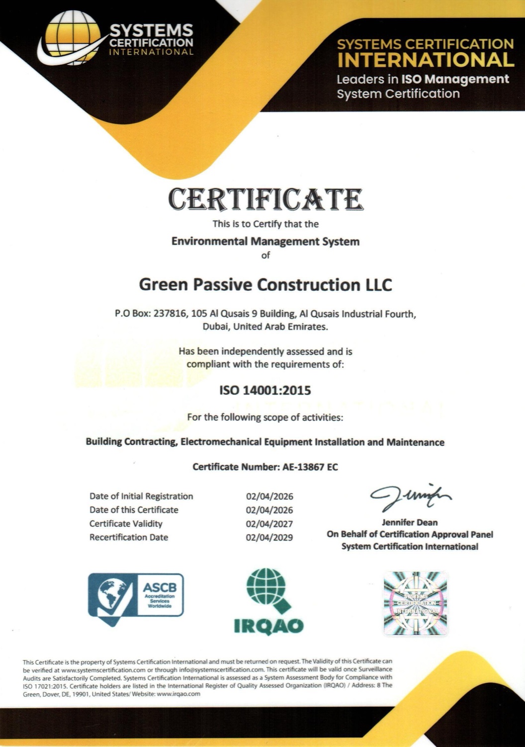 ISO 14001:2015 environmental management system certificate for Green Passive Construction LLC