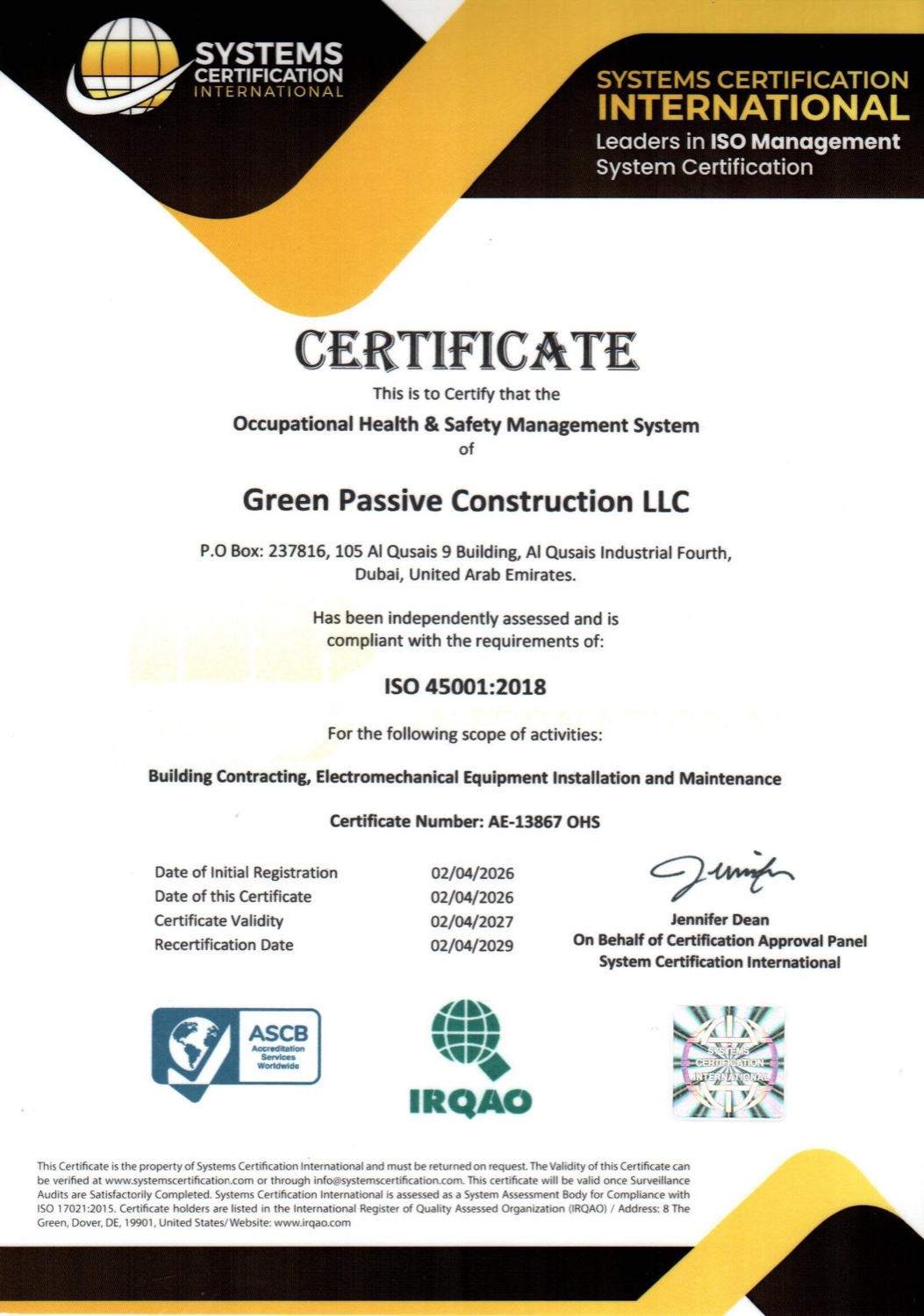 ISO 45001:2018 occupational health and safety management system certificate for Green Passive Construction LLC