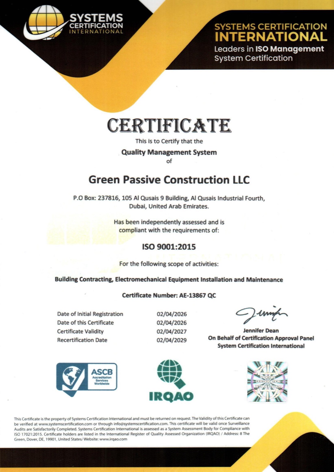 ISO 9001:2015 quality management system certificate for Green Passive Construction LLC