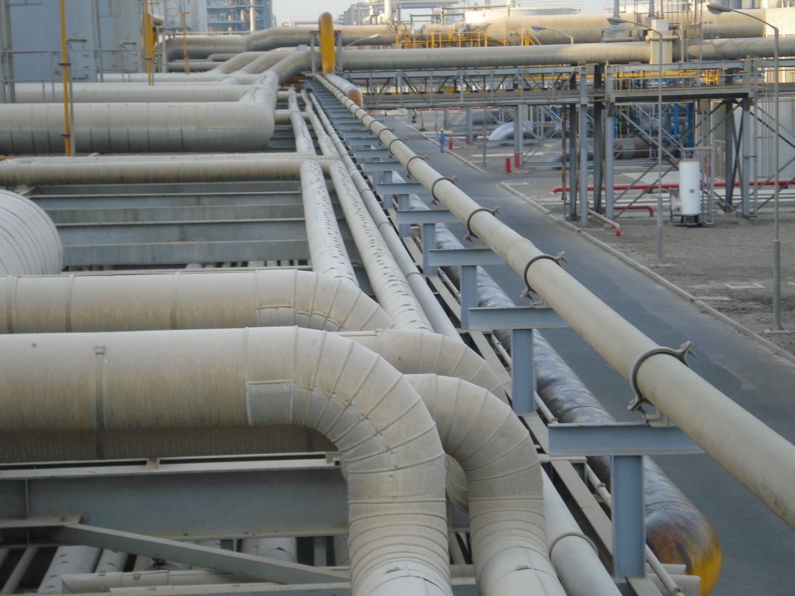 Insulated potable water transmission pipelines on steel racks at a DEWA plant site