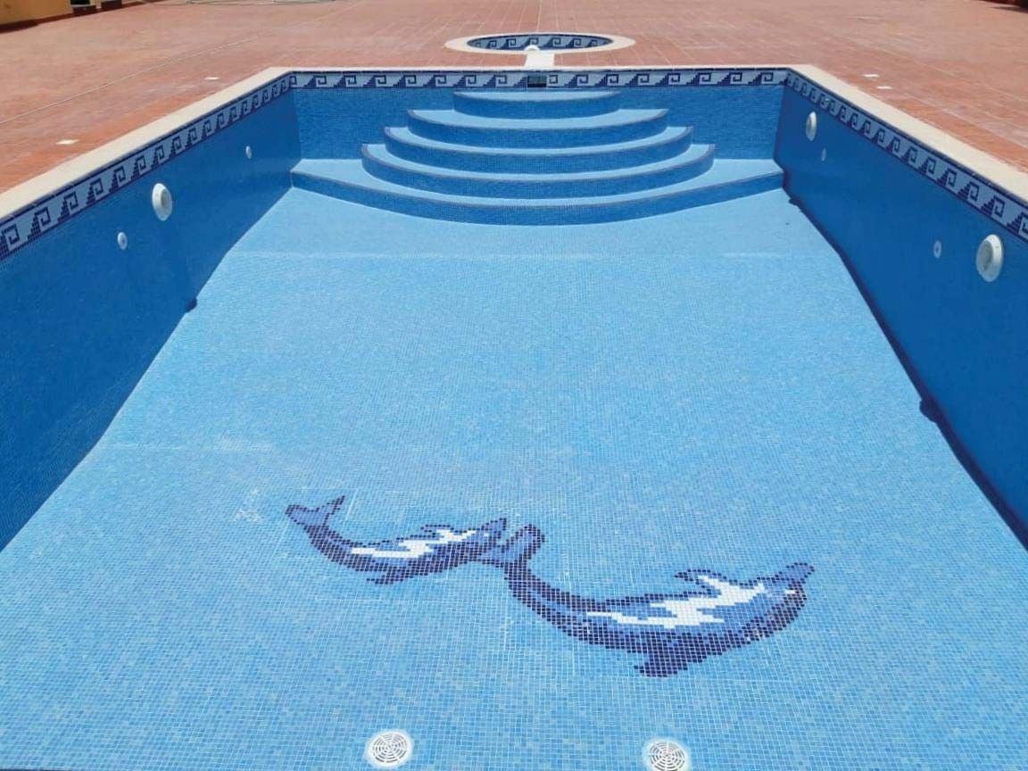 Completed swimming pool with a dolphin mosaic at the Nakhliyat villas, Sharjah